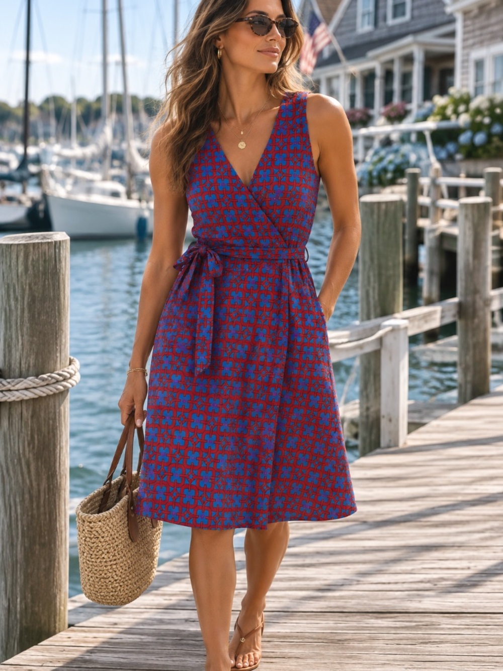 Leota Sleeveless Wrap Midi Dress Blue Red Print Tie Waist Size L 8 10 12 Large